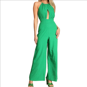 Jumpsuit Wide leg High waist Keyhole Vibrant Green Floral Tying halter LULUS NWT